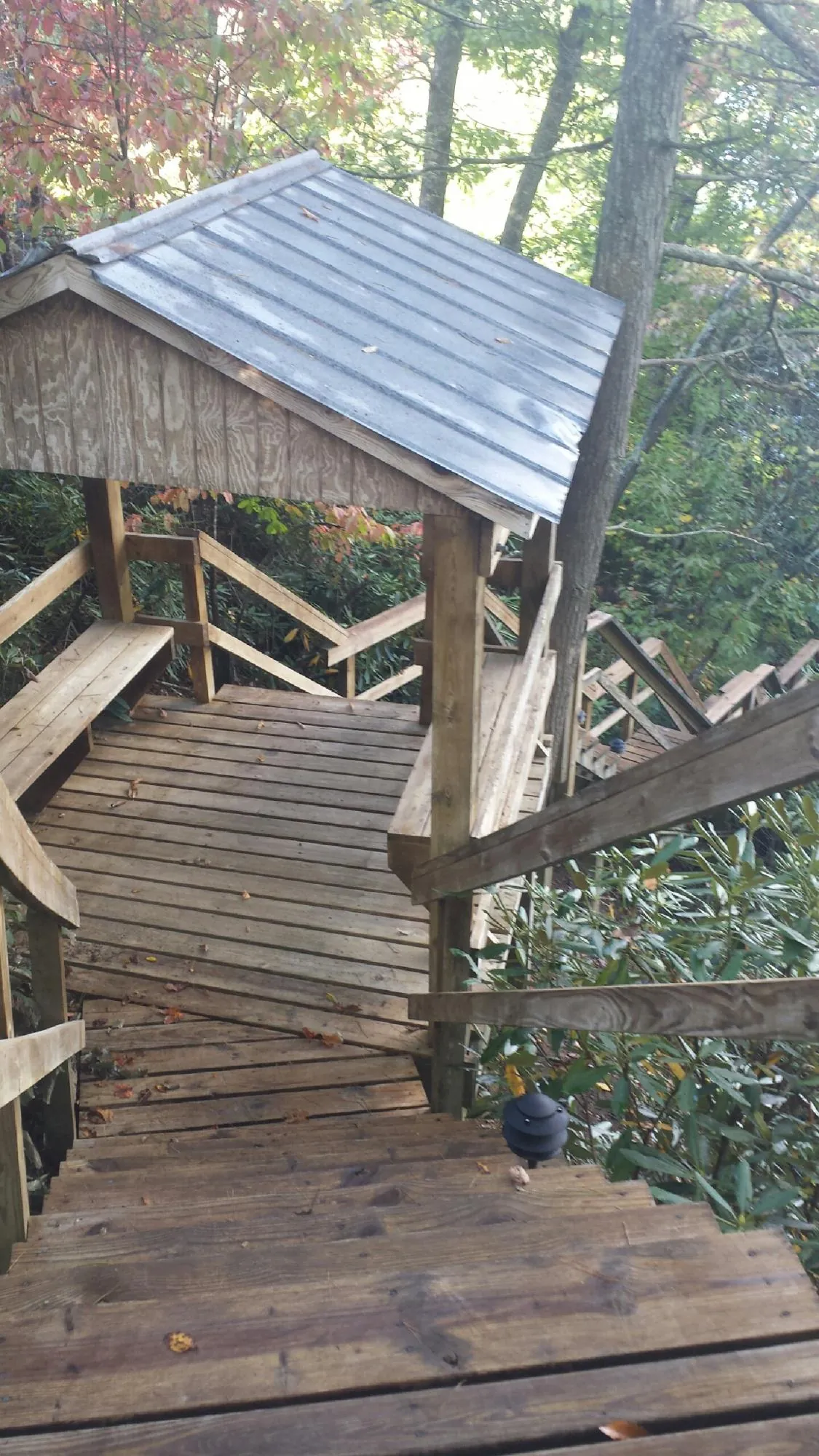 Metal roofed shelter over wooden steps on a wooded walkway — Skylight Repair & Installation work by our crew in Chancellor